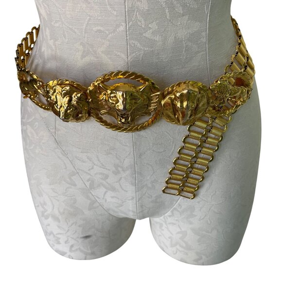 Vintage Womens Chain Belt One Size Metal Tiger Lion Elephant Head Waist Hip Rare - Picture 3 of 16